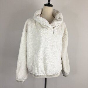 ATHLETA Ivory Asym Zip Collar Satin Trim Fur Fluffy Pullover Jacket